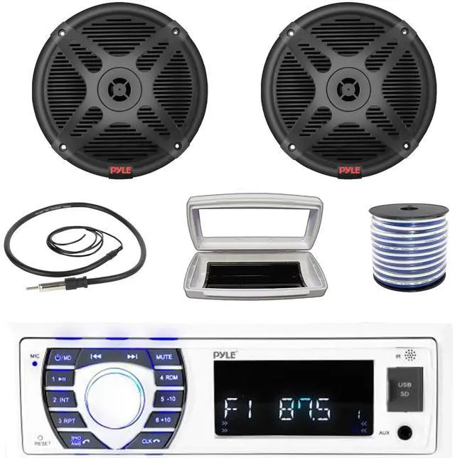Main image of Pyle PLRMR23BTW Single-DIN Bluetooth Marine USB/AUX MP3/SD AM/FM Radio Stereo Receiver W/White Cover, 2x 6.5" 600 Watt Max Power Marine 2-Way Coaxial Full-Range Black Speakers W/50 Feet Wire, Antenna