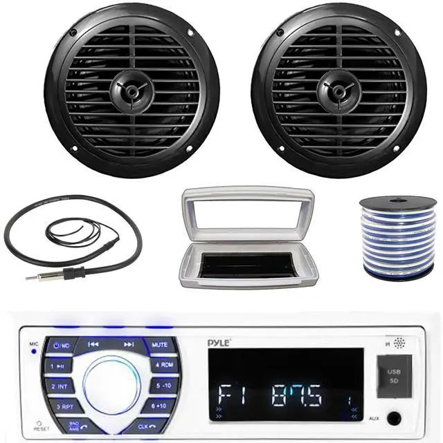 Main image of Pyle PLRMR23BTW Single-DIN Bluetooth Marine USB/AUX MP3/SD AM/FM Radio Stereo Receiver W/White Cover, 2x Pyle PLMR67B 6.5'' 120W Max Power Dual Cone Waterproof Black Speakers W/50 Feet Wire, Antenna