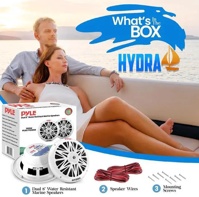 Alt view image 6 of 7 - Pyle PLRMR23BTW Single-DIN Bluetooth Marine USB/AUX MP3/SD AM/FM Radio Stereo Receiver W/White Cover, 2x Pyle PLMR82 8" 300W Max Power 2-Way Boat White Speakers W/50 Feet 18G Wire, 22" Radio Antenna