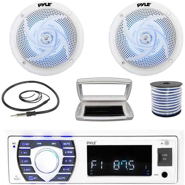 Main image of Pyle PLRMR23BTW Single-DIN Bluetooth Marine USB/AUX MP3/SD AM/FM Radio Stereo Receiver W/White Cover, 2x 6.5" 240W Max Power Low-Profile 2-Way Blue LED Audio White Speakers W/50 Feet Wire, Antenna