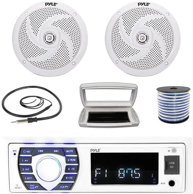 Main image of Pyle PLRMR23BTW Single-DIN Bluetooth Marine USB/AUX MP3/SD AM/FM Radio Stereo Receiver W/White Cover, 2x Pyle PLMRS6W 6'' 240W Max Power Low Profile 2-Way Boat White Speakers W/50 Feet Wire, Antenna