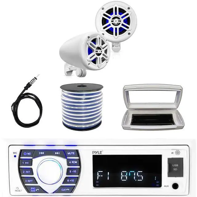 Main image of Pyle PLRMR23BTW Single-DIN Bluetooth Marine USB/AUX MP3/SD AM/FM Radio Stereo Receiver W/White Cover, 2x 4 150 Watt Max Power 2-Way Off-Road Boat White Speakers W/50 Feet Wire, 22" Radio Antenna