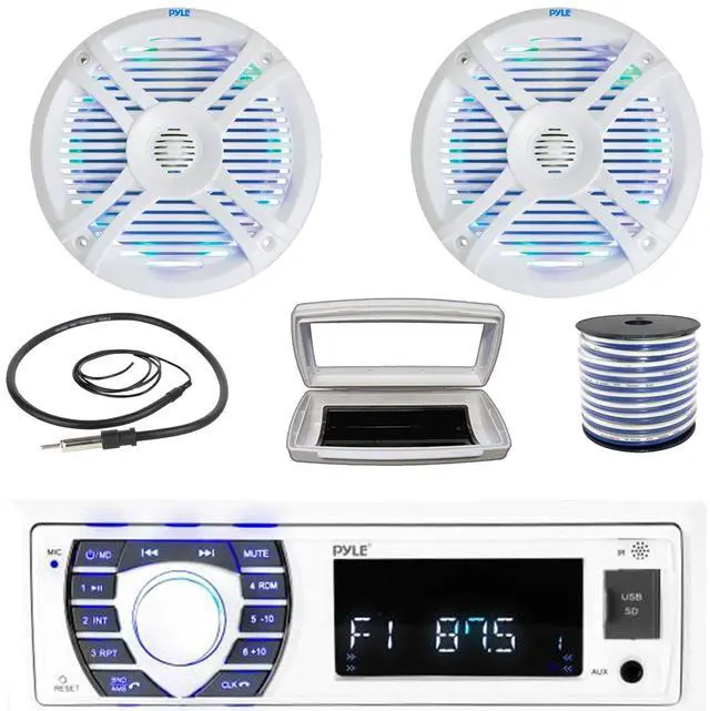 Main image of Pyle PLRMR23BTW Single-DIN Bluetooth Marine USB/AUX MP3/SD AM/FM Radio Stereo Receiver W/White Cover, 2x Pyle 6.5" 250W Max Power Boat Dual Cone Multicolor LED White Speakers W/50 Feet Wire, Antenna