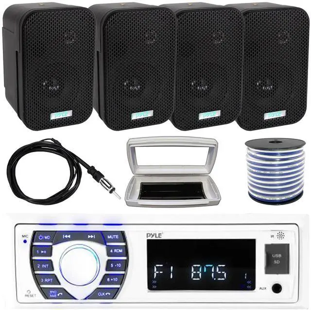 Main image of Pyle PLRMR23BTW Single-DIN Bluetooth Marine USB/AUX MP3/SD AM/FM Radio Stereo Receiver W/White Cover, 4x 3.5" 300W Max Power Indoor/Outdoor Black Waterproof Speakers W/50 Feet Wire, 22" Radio Antenna