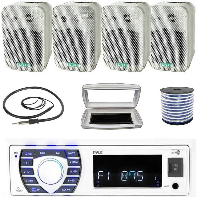 Main image of Pyle PLRMR23BTW Single-DIN Bluetooth Marine USB/AUX MP3/SD AM/FM Radio Stereo Receiver W/White Cover, 4x 5.25" 400W Max Power Indoor/Outdoor White Waterproof Speakers W/50 Feet Wire, Radio Antenna
