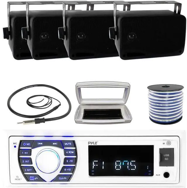 Main image of Pyle PLRMR23BTW Single-DIN Bluetooth Marine USB/AUX MP3/SD AM/FM Radio Stereo Receiver W/White Cover, 4x 3.5'' 200W Max Power 3-Way Indoor/Outdoor Wall Mount Black Speakers W/50 Feet Wire, Antenna