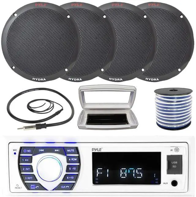 Main image of Pyle PLRMR23BTW Single-DIN Bluetooth Marine USB/AUX MP3/SD AM/FM Radio Stereo Receiver W/White Cover, 4x Pyle PLMR605B 6.5'' 400W Max Power Dual Cone 2-way Full Range Speakers W/50 Feet Wire, Antenna