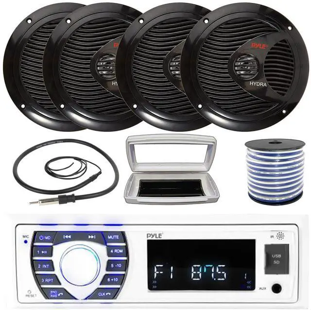 Main image of Pyle PLRMR23BTW Single-DIN Bluetooth Marine USB/AUX MP3/SD AM/FM Radio Stereo Receiver W/White Cover, 4x Pyle PLMR60B 6.5" 150W Max Power Full Range Dual Cone Black Speakers W/50 Feet Wire, Antenna