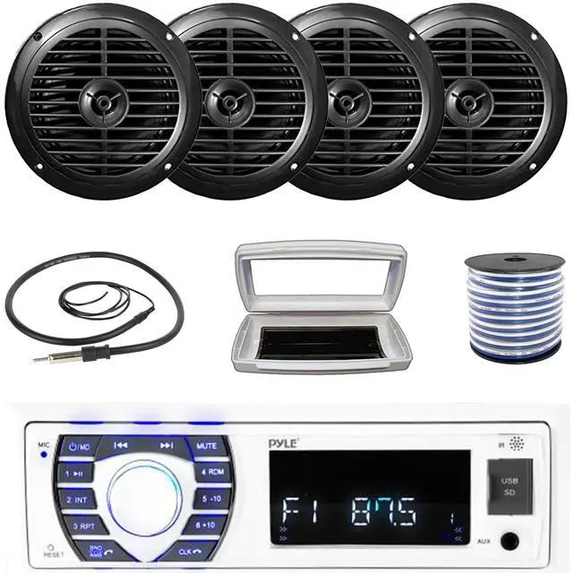 Main image of Pyle PLRMR23BTW Single-DIN Bluetooth Marine USB/AUX MP3/SD AM/FM Radio Stereo Receiver W/White Cover, 4x Pyle PLMR67B 6.5'' 120W Max Power Dual Cone Waterproof Black Speakers W/50 Feet Wire, Antenna