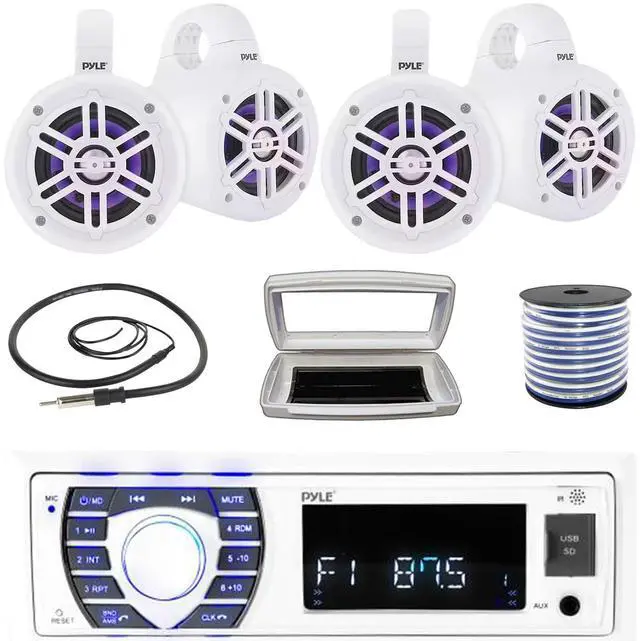 Main image of Pyle PLRMR23BTW Single-DIN Bluetooth Marine USB/AUX MP3/SD AM/FM Radio Stereo Receiver W/White Cover, 4x Pyle 4" 300 Watt Max Power Marine Multicolor LED Tower White Speakers W/50 Feet Wire, Antenna