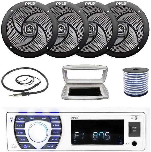 Main image of Pyle PLRMR23BTW Single-DIN Bluetooth Marine USB/AUX MP3/SD AM/FM Radio Stereo Receiver W/White Cover, 4x Pyle PLMRS6B 6'' 240W Max Power Low Profile 2-Way Boat Black Speakers W/50 Feet Wire, Antenna