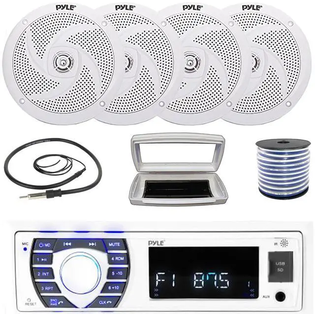 Main image of Pyle PLRMR23BTW Single-DIN Bluetooth Marine USB/AUX MP3/SD AM/FM Radio Stereo Receiver W/White Cover, 4x Pyle PLMRS6W 6'' 240W Max Power Low Profile 2-Way Boat White Speakers W/50 Feet Wire, Antenna