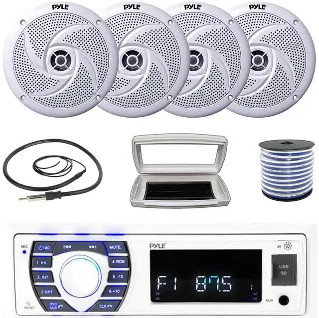 Main image of Pyle PLRMR23BTW Single-DIN Bluetooth Marine USB/AUX MP3/SD AM/FM Radio Stereo Receiver W/White Cover, 4x Pyle PLMRS8W 8'' 320W Max Power Low Profile 2-Way Boat White Speakers W/50 Feet Wire, Antenna