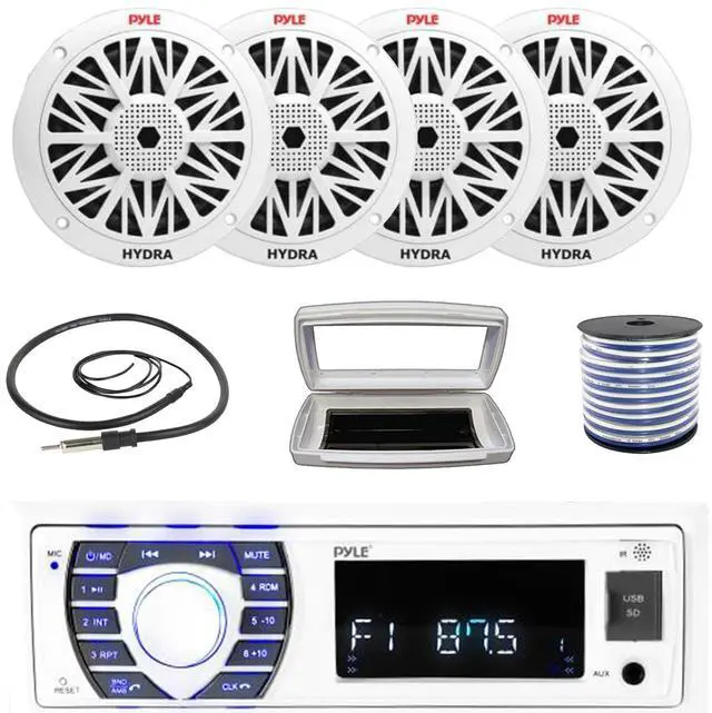 Main image of Pyle PLRMR23BTW Single-DIN Bluetooth Marine USB/AUX MP3/SD AM/FM Radio Stereo Receiver W/White Cover, 4x Pyle PLMR82 8" 300W Max Power 2-Way Boat White Speakers W/50 Feet 18G Wire, 22" Radio Antenna