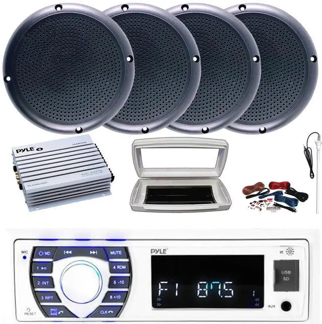 Main image of Pyle PLRMR23BTW Single-DIN Bluetooth Marine USB/AUX MP3/SD AM/FM Radio Stereo Receiver W/White Cover, 4x Connexx SPM5B 5.25" 20W RMS Polycone Black Boat Speakers, 4 Channel Amplifier W/Kit, Antenna