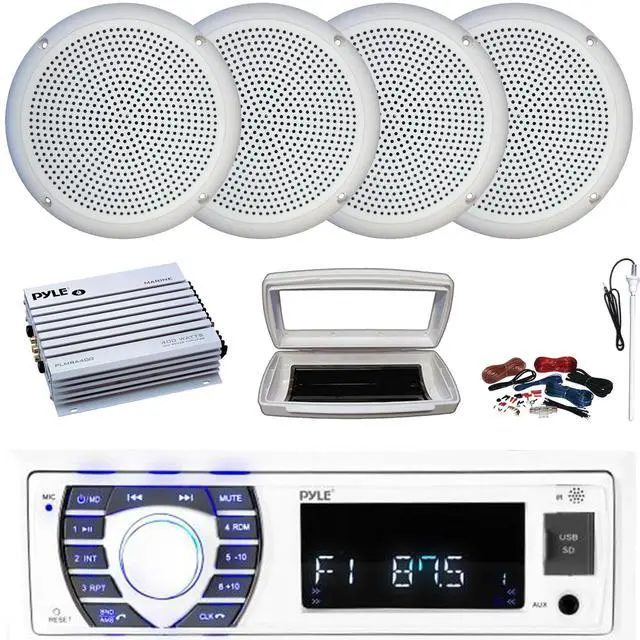 Main image of Pyle PLRMR23BTW Single-DIN Bluetooth Marine USB/AUX MP3/SD AM/FM Radio Stereo Receiver W/White Cover, 4x Connexx SPM5C 5.25" 20W RMS Polycone White Boat Speakers, 4 Channel Amplifier W/Kit, Antenna