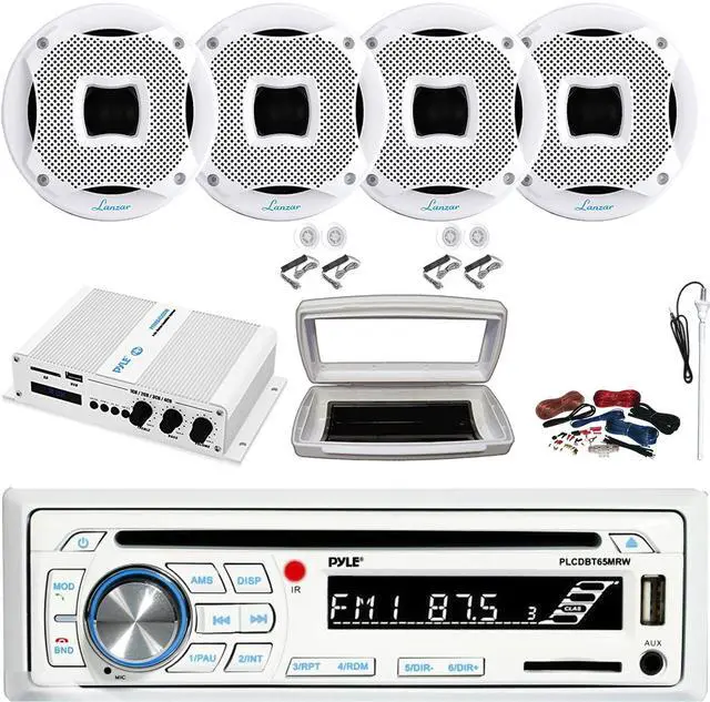 Main image of Pyle PLCDBT65 Single-DIN Marine Bluetooth USB/AUX CD Player AM/FM Stereo Receiver W/White Cover, 4x 6.5" 450W Max Power 2-Way Component White Boat Speakers, 4 Channel 400W Max Amplifier W/Kit, Antenna