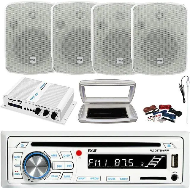 Main image of Pyle PLCDBT65 Single-DIN Marine Bluetooth USB/AUX CD Player AM/FM Stereo Receiver W/White Cover, 4x 5.25" 800W Max Power Indoor/Outdoor White Boat Speakers, 4 Channel Amplifier W/Kit, Radio Antenna
