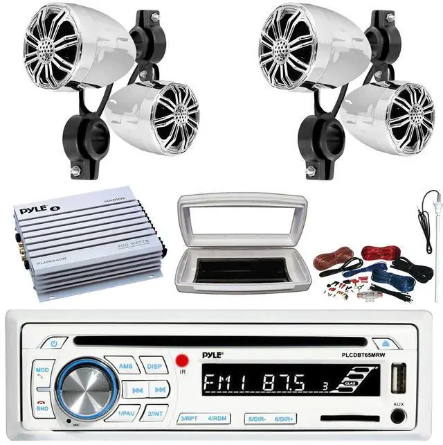 Main image of Pyle PLCDBT65 Single-DIN Marine Bluetooth USB/AUX CD Player AM/FM Stereo Receiver W/White Cover, 4x 2.25' 10W Max Full Range Off-Road Chrome Speakers, 4 Channel 400W Max Amplifier W/Kit, Antenna