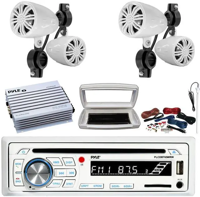 Main image of Pyle PLCDBT65 Single-DIN Marine Bluetooth USB/AUX CD Player AM/FM Stereo Receiver W/White Cover, 4x 2.25' 10W Max Power Full Range Off-Road White Speakers, 4 Channel 400W Max Amplifier W/Kit, Antenna