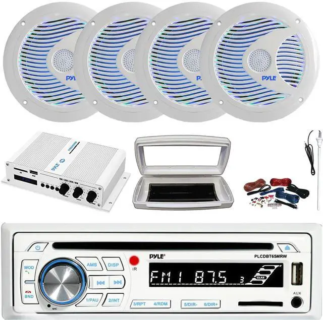 Main image of Pyle PLCDBT65 Single-DIN Marine Bluetooth USB/AUX CD Player AM/FM Stereo Receiver W/White Cover, 4x 6.5'' 150W Max Power Dual Cone RGB LED White Speakers, 4 Channel 400W Max Amplifier W/Kit, Antenna