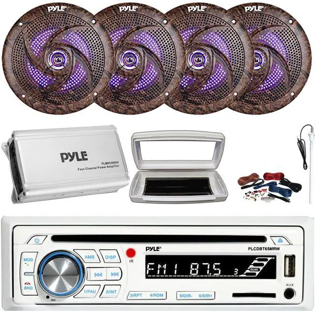Main image of Pyle PLCDBT65 Single-DIN Marine Bluetooth USB/AUX CD Player AM/FM Stereo Receiver W/White Cover, 4x 6.5'' 240W Max Power Low Profile Blue LED Camouflage Speakers, 4 Channel Amplifier W/Kit, Antenna