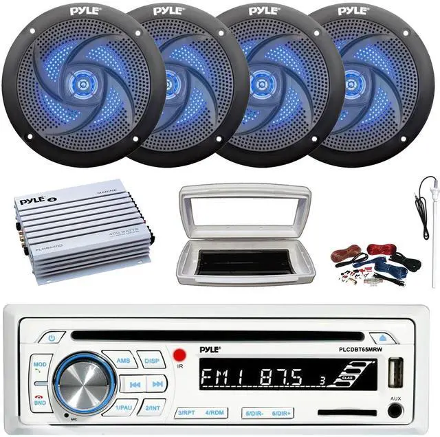 Main image of Pyle PLCDBT65 Single-DIN Marine Bluetooth USB/AUX CD Player AM/FM Stereo Receiver W/White Cover, 4x 5.25" 180W Max 2-Way Low Profile Blue LED Boat Speakers, 4 Channel 400W Max Amplifier W/Kit, Antenna