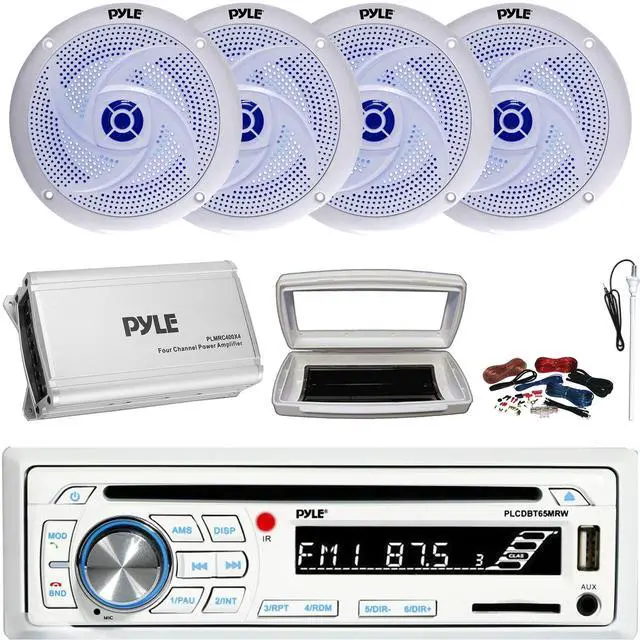 Main image of Pyle PLCDBT65 Single-DIN Marine Bluetooth USB/AUX CD Player AM/FM Stereo Receiver W/White Cover, 4x 8'' 320 Watt Max Power 2-Way Low Profile Blue LED White Speakers, 4 Channel Amplifier W/Kit, Antenna