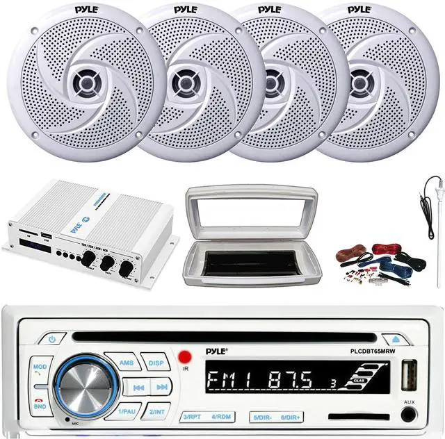 Main image of Pyle PLCDBT65 Single-DIN Marine Bluetooth USB/AUX CD Player AM/FM Stereo Receiver W/White Cover, 4x 8'' 320W Max Power Low Profile 2-Way White Speakers, 4 Channel 400W Max Amplifier W/Kit, Antenna