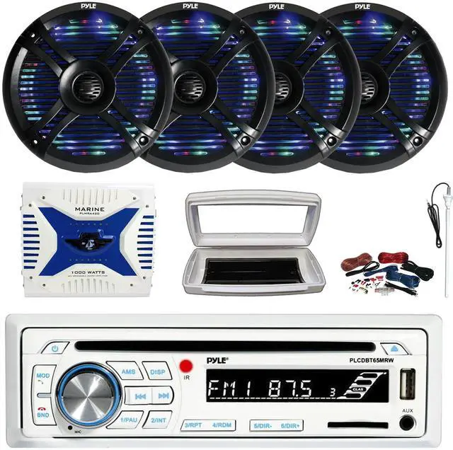 Main image of Pyle PLCDBT65 Single-DIN Marine Bluetooth USB/AUX CD Player AM/FM Stereo Receiver W/White Cover, 4x 6.5" 250W Max Power Dual RGB LED Black Speakers, 4 Channel 1000W Max Amplifier W/Kit, Radio Antenna