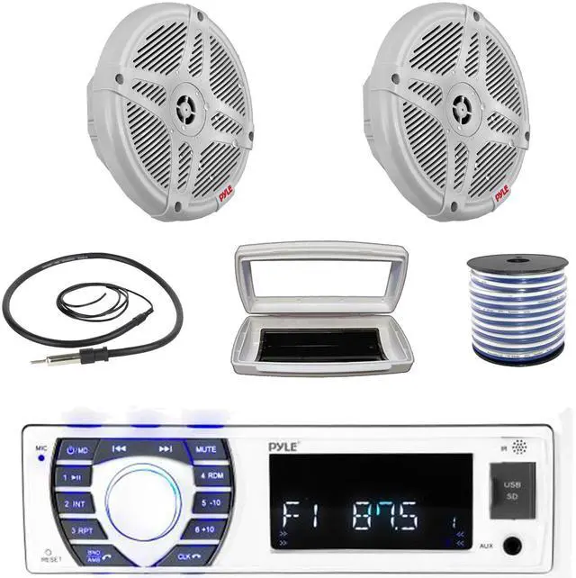 Main image of Pyle PLRMR23BTW Single-DIN Bluetooth Marine USB/AUX MP3/SD AM/FM Radio Stereo Receiver W/White Cover, 2x 6.5" 600W Max Power Dual 2-Way Coaxial Range Amplified White Speakers W/50 Feet Wire, Antenna