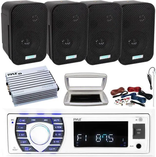 Main image of Pyle PLRMR23BTW Single-DIN Bluetooth Marine USB/AUX MP3/SD AM/FM Radio Stereo Receiver W/White Cover, 4x 3.5" 300 Watts Max Power Indoor/Outdoor Waterproof Speakers, 4 Channel Amplifier W/Kit, Antenna