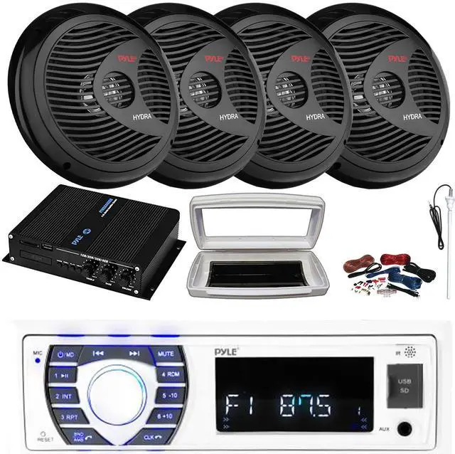 Main image of Pyle PLRMR23BTW Single-DIN Bluetooth Marine USB/AUX MP3/SD AM/FM Radio Stereo Receiver W/White Cover, 4x 8'' 180W Max Power Waterproof Full Range Black Speakers, 4 Channel Amplifier W/Kit, Antenna