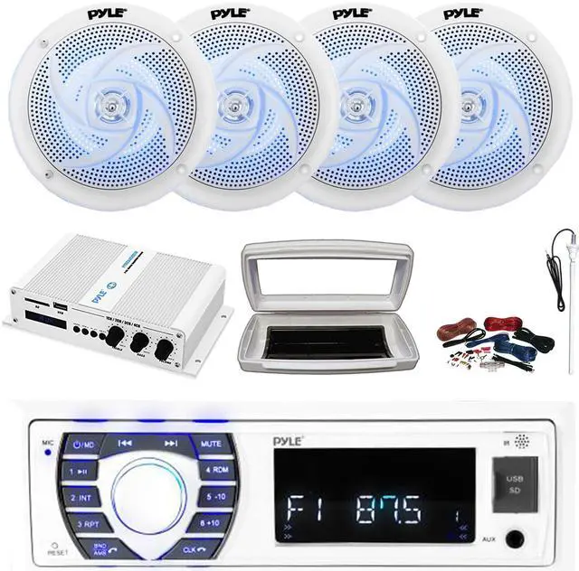 Main image of Pyle PLRMR23BTW Single-DIN Bluetooth Marine USB/AUX MP3/SD AM/FM Radio Stereo Receiver W/White Cover, 4x 6.5" 240W Max Power 2-Way Blue LED Audio White Speakers, 4 Channel Amplifier W/Kit, Antenna