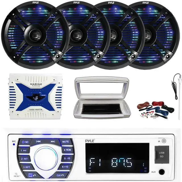 Main image of Pyle PLRMR23BTW Single-DIN Bluetooth Marine USB/AUX MP3/SD AM/FM Radio Stereo Receiver W/White Cover, 4x 6.5" 250W Max Power Dual Multi Color LED Black Speakers, 4 Channel Amplifier W/Kit, Antenna