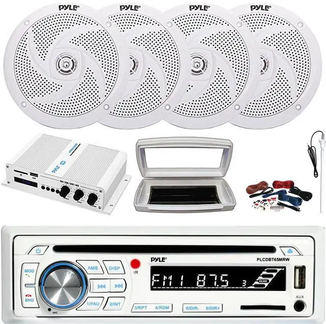 Main image of Pyle PLCDBT65 Single-DIN Marine Bluetooth USB/AUX CD Player AM/FM Stereo Receiver W/White Cover, 4x 6'' 240W Max Power Low Profile 2-Way Speakers, 4 Channel 400W Max Amplifier W/Kit, Radio Antenna