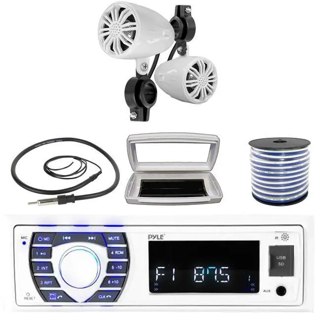 Main image of JVC KD-T92MBS Single-DIN Marine Bluetooth USB/AUX CD Player AM/FM Stereo Receiver W/White Cover, 4x 6.5" 225W Max Power RGB LED White Speakers W/Wire, 10" Multi-Element RGB LED Subwoofer, Antenna