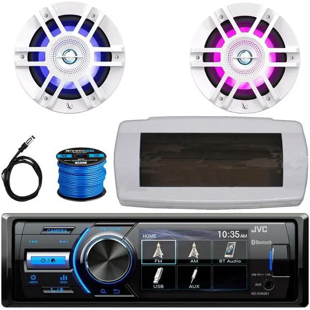 Main image of JVC KD-X560BT Single-DIN Marine Bluetooth USB/AUX MP3 AM/FM Radio Digital Media Stereo Receiver W/White Cover, 2x 6.5" 300W Max Power 2-Way Coaxial White Boat RGB LED Speakers W/50 Feet Wire, Antenna