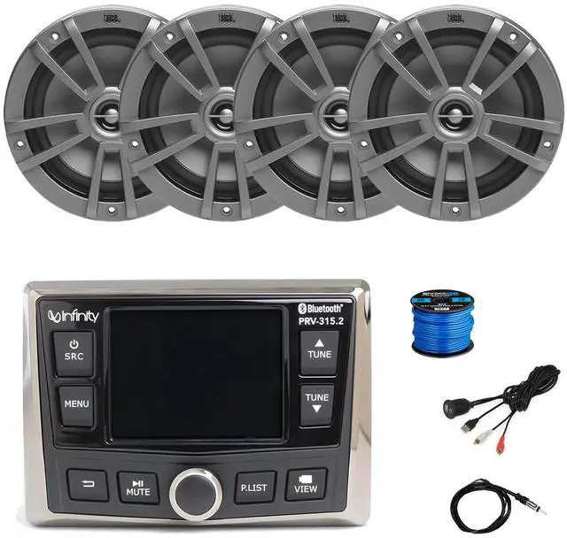 Main image of Infinity PRV-315.2 Marine Gauge Style USB Bluetooth AM/FM/WB Radio Receiver, 4x 6.5" 180 Watt Peak Power 2-Way Multi-Element Gray Marine Speakers, Wire, Antenna, USB/AUX Adapter (Bulk Packaging)