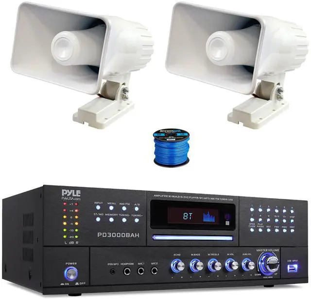 Main image of Enrock Home Theater 4-Channel 4000 Watt Bluetooth HDMI Stereo CD/DVD Amplifier Receiver, 2x 8" 65 Watt Indoor/Outdoor Portable PA Horn Speakers w/Wire