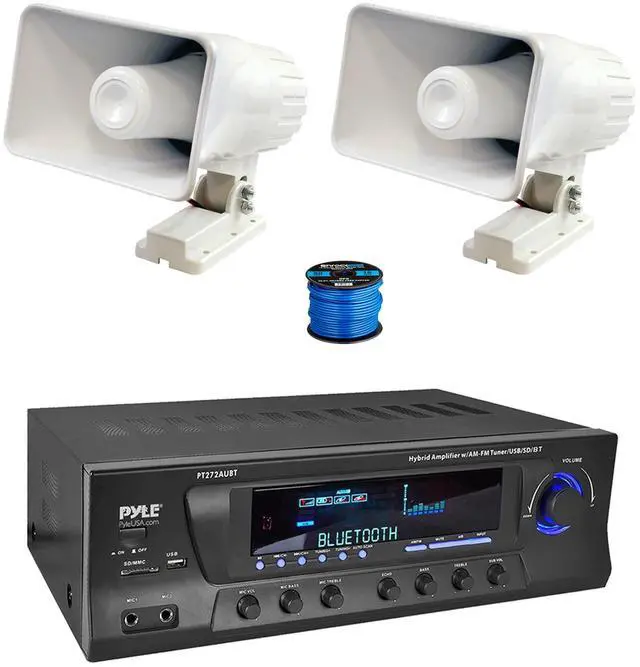 Main image of Enrock Home Theater 4-Channel 300 Watt Bluetooth USB AM/FM Stereo Amplifier Receiver, 2x 6" 50 Watt Indoor/Outdoor Portable PA Horn Speakers w/Wire