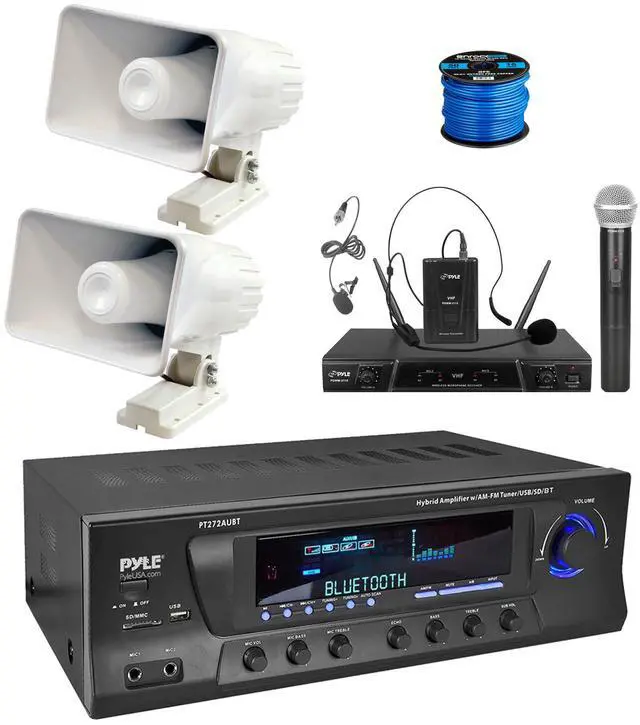 Main image of Enrock Home Theater 4-Channel 300 Watt Bluetooth USB AM/FM Stereo Amplifier Receiver, Wireless 2-Channel Microphone System, 2x 6" 50 Watt Indoor/Outdoor Portable PA Horn Speakers w/Wire