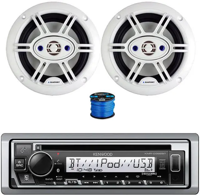 Main image of Kenwood KMR-D382BT Single DIN CD Player Bluetooth Marine Receiver, 2x 6.5" 240 Watt Max 4-Way Marine Outdoor Audio Speakers (White) w/Wire