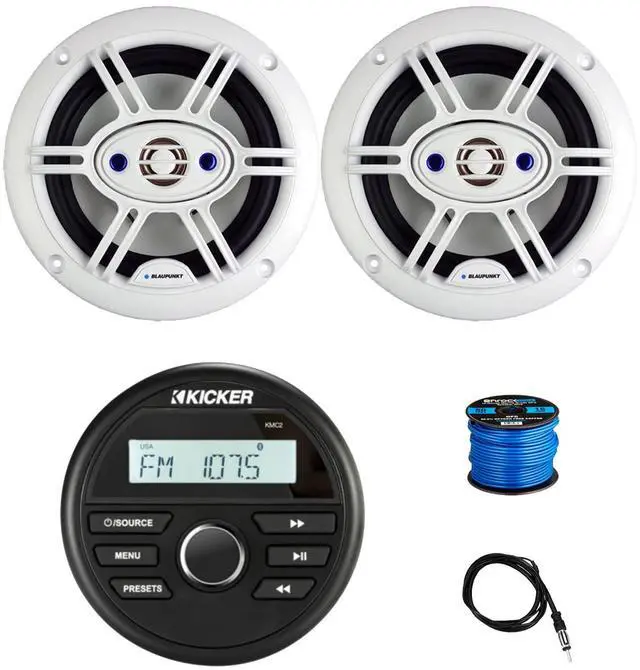 Main image of Kicker 46KMC2 All-Weather Marine Gauge Style Bluetooth AM/FM USB Media Center Receiver, 2x 6.5" 240 Watt 4-Way Outdoor Speakers (White) w/Wire, Radio Antenna