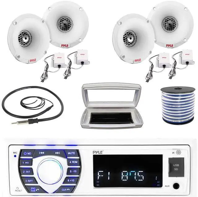 Main image of Pyle PLRMR23BTW Single-DIN Bluetooth Marine USB/AUX MP3/SD AM/FM Radio Stereo Receiver W/White Cover, 4x 1" 120 Watt Peak Power PEI Dome Tweeters White Marine Speaker System W/50 Feet Wire, Antenna