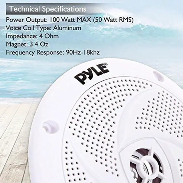 Alt view image 4 of 8 - Pyle Marine Speakers - 4 Inch 2 Way Waterproof and Weather Resistant Outdoor Audio Stereo Sound System with 100 Watt Power and Low Profile Slim Style Design - 1 Pair - PLMRS4W (White)