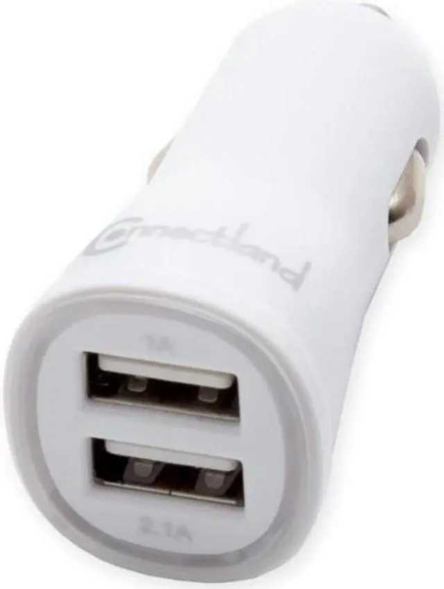 Main image of CONNECTLAND CL-ADA20161  Connectland Travel Size 2-port USB Car Charger, 5V, with LED Lights- WHITE