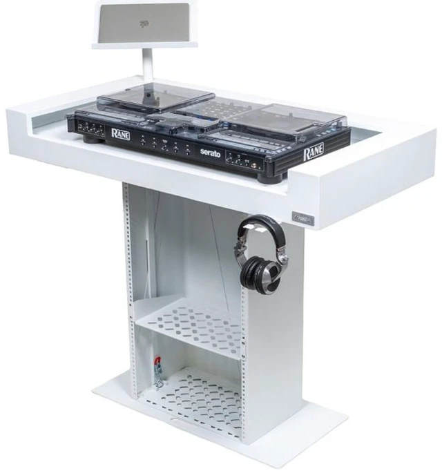 Alt view image 7 of 7 - Headliner HL30001 | Malibu White Podium-Style DJ Booth | 18U Rack with Transport Bags