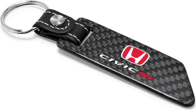 Alt view image 2 of 6 - Honda Civic Si Red Logo Real Carbon Fiber Blade Style Black Leather Strap Key Chain