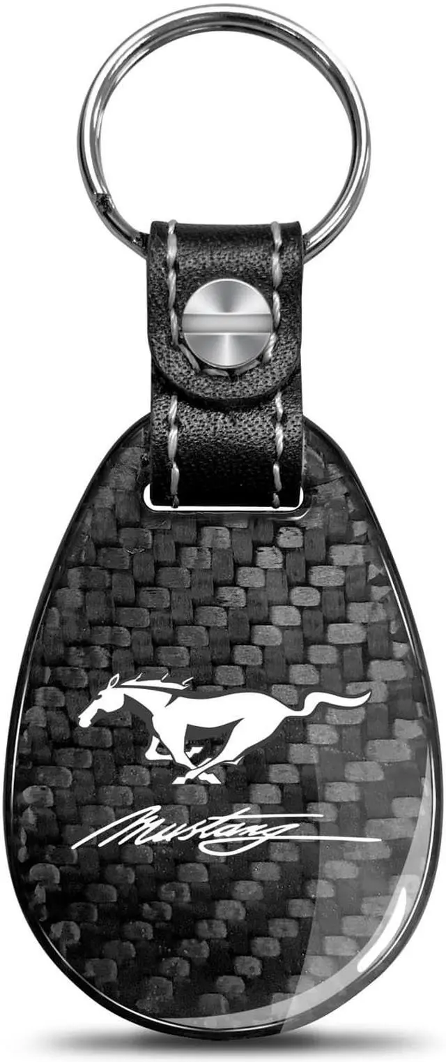 Main image of Ford Mustang Script Real Black Carbon Fiber with Leather Strap Large Tear Drop Key Chain
